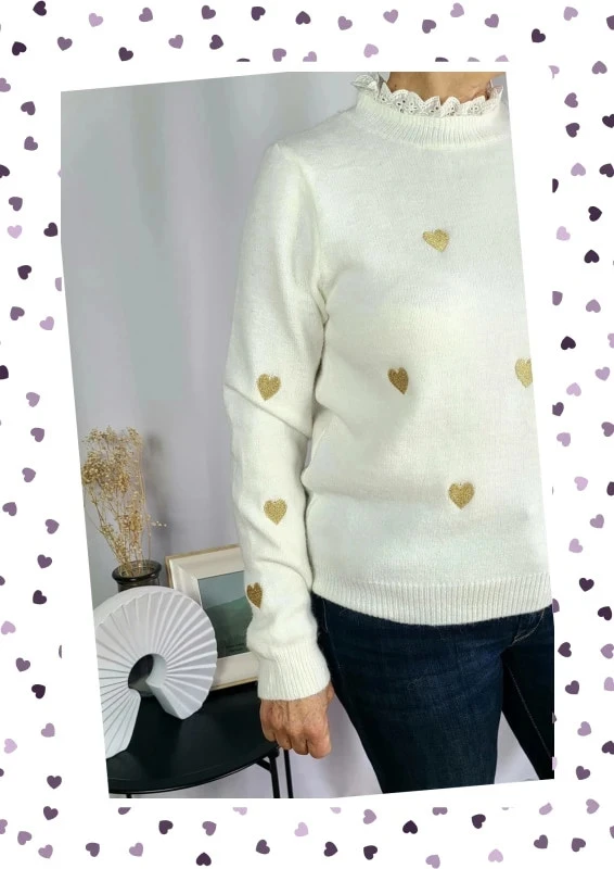 Jersey de cuello alto con encaje y corazones bordados - Talla única - Nuevo con etiqueta – photo 2